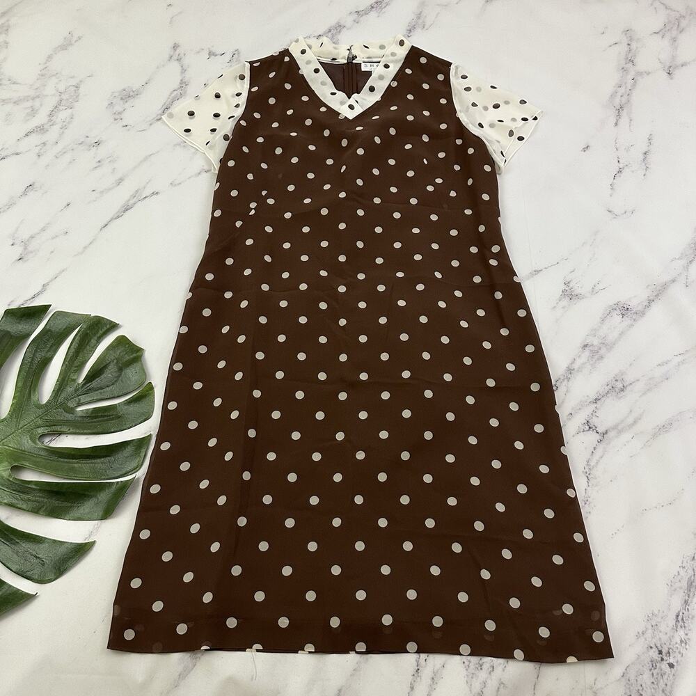 Shomi Womens Vintage 90s Polka Dot Dress Size 12 Brown Cream Silk Shift